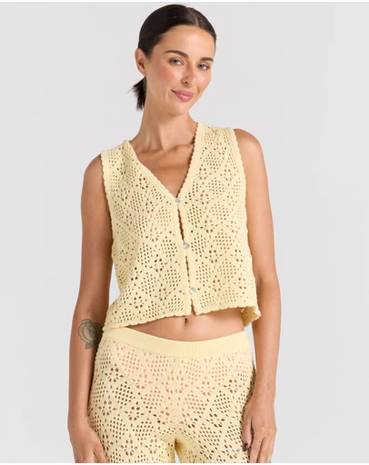 Poolside Paradiso - Messina Crochet V Knit Button Up Top - Lemon