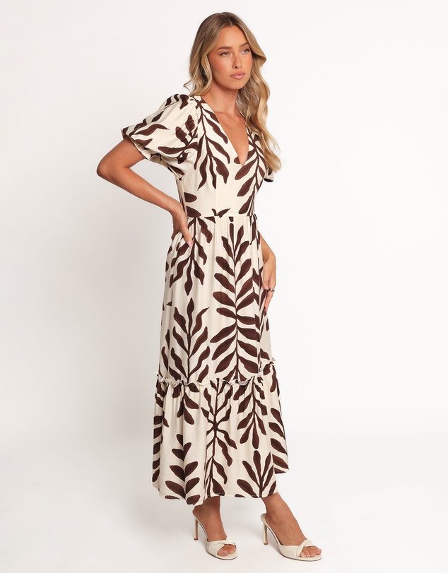 Petal & Pup - Steele Puff Sleeve Midi Dress - Brown Palm