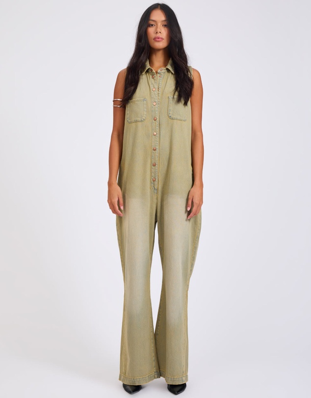 ONE TEASPOON - Braxton Wide Leg Long Length Denim Jumpsuit - Warm Khaki