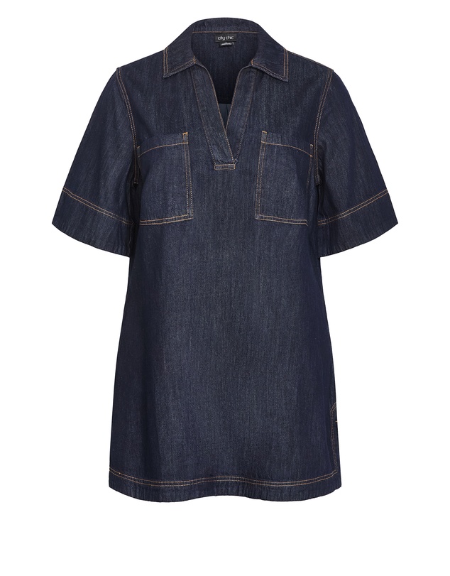 City Chic - Plus size Tiana Short Sleeve Denim Mini Dress - dark wash