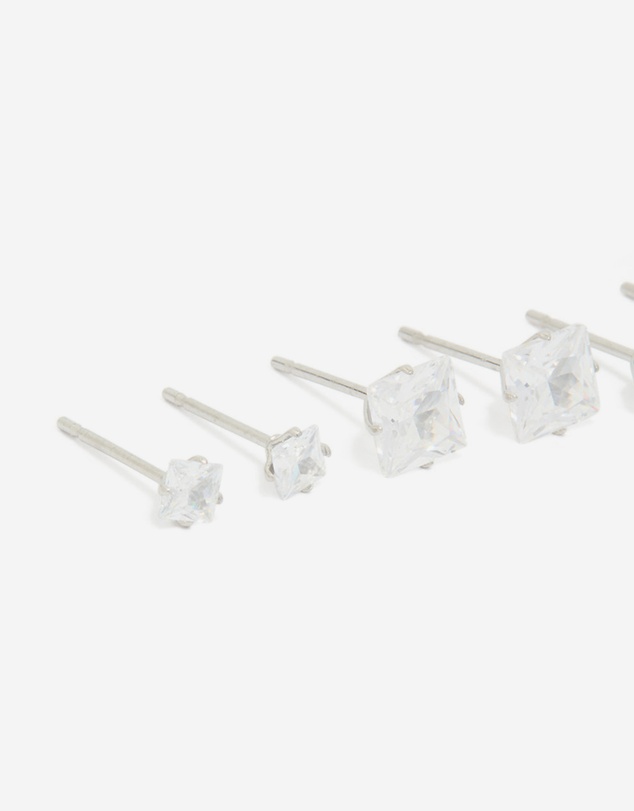 Lovisa - Waterproof Stainless Steel Cubic Zirconia Square Stud Earrings 3-Pack