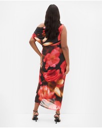 City Chic - Plus size Vivid Mesh Blur Print Maxi Dress - deep scarlet