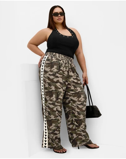 City Chic - Plus size Camo Print Side Tape Wide Leg Pant - khaki