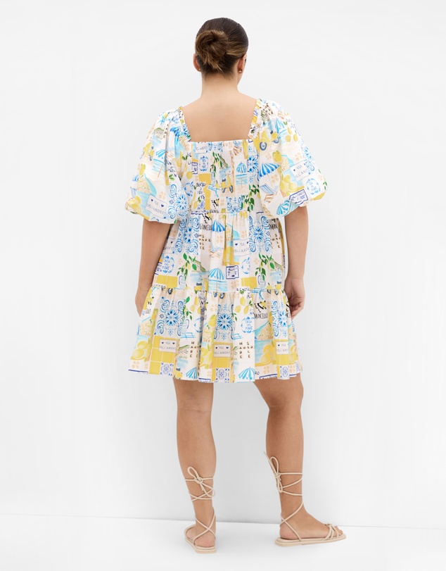City Chic - Plus Size Fantasy Amalfi Print Puff Sleeve Mini Dress - white