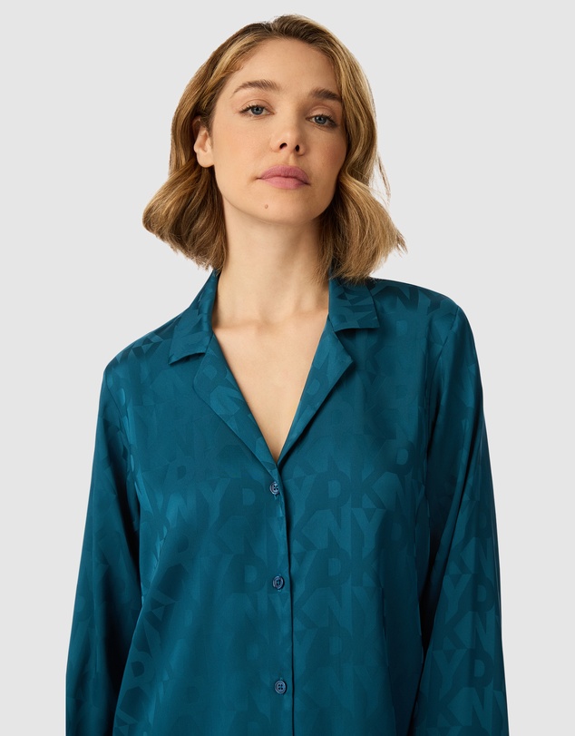 DKNY - Logo Satin Button-Up Long Sleeve Long Pyjama Set