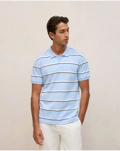 Trenery - Cotton Pique Double Stripe Polo in Blue Marble