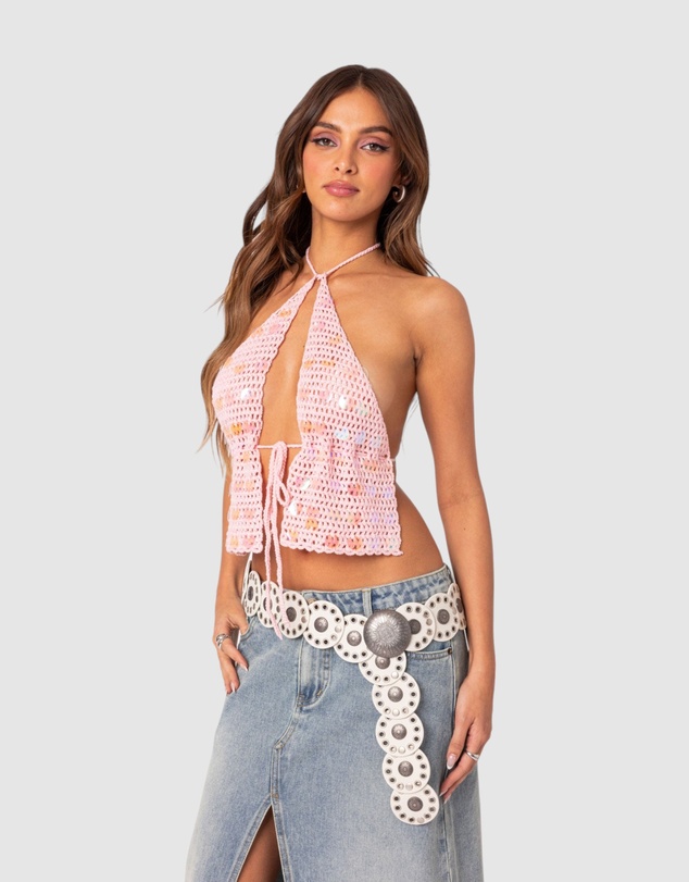 EDIKTED - Sequin Crochet Open Back Top