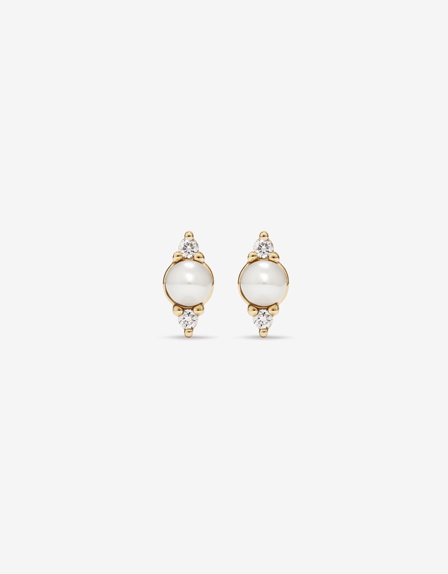 Michael Hill - Three Stone Cultured Freshwater Pearl and Diamond Stud Earrings in 10kt Yellow Gold