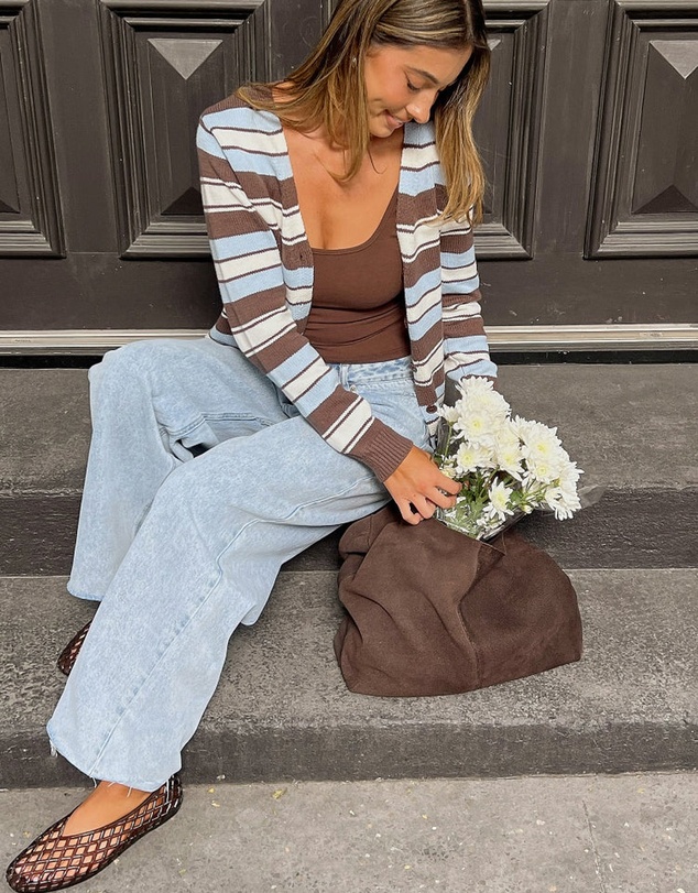 Beginning Boutique - Misha Brown and Blue Stripe Button Down Cardigan
