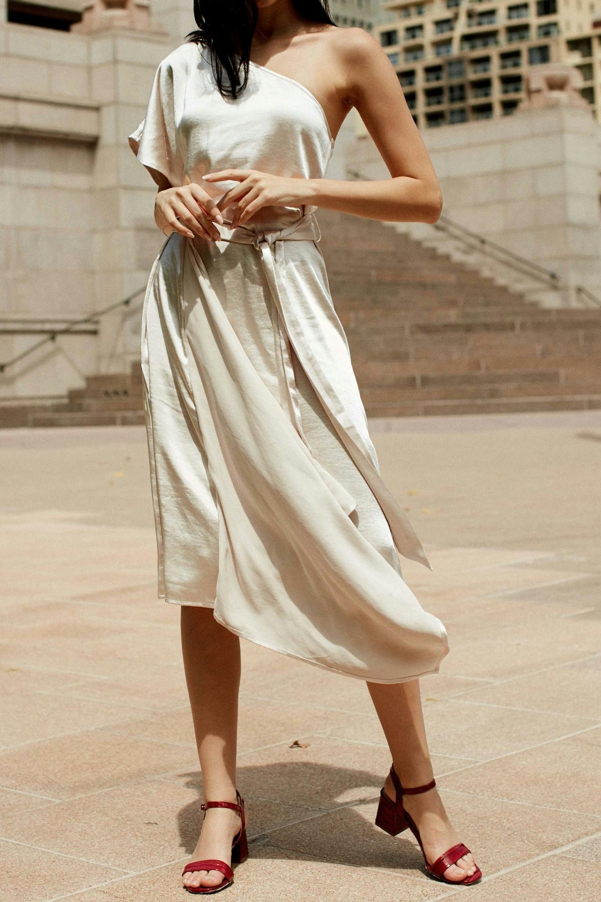 what shoes to wear with asymmetrical dress 20 Dresses to Your Next Occasion THE ICONIC Edition White Backless Tie-back Ruched size 08 Color:Polka Dot Stand out in the