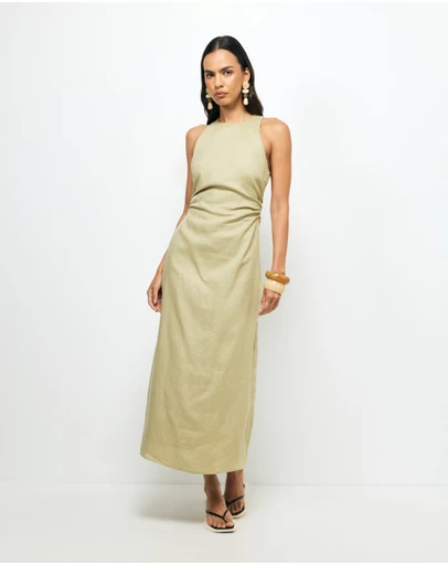 AERE - Elow Ruched Linen Midi Dress
