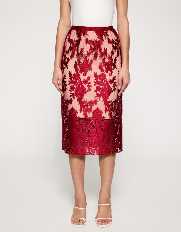 Lindsay Nicholas New York - Crimson Rose Lace Skirt with Nude Underskirt