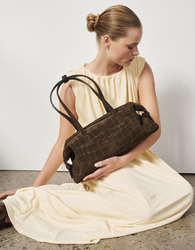 VESTIRSI - Gia Croc Suede Shoulder Bag Chocolate