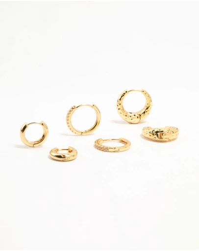 Lovisa - Gold Plated Brass Organic & Cubic Zirconia Clicker Earrings 3-Pack