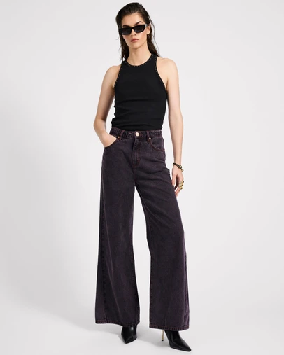 ONE TEASPOON - Love Machines Mid Waist Super Wide Leg Denim Jeans - Black Pink