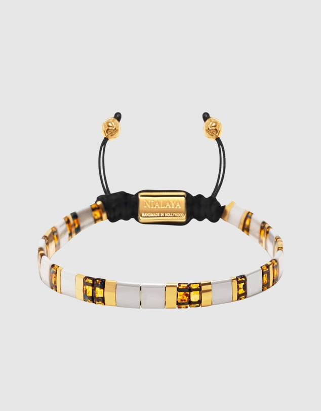Nialaya Jewellery - Women's Bracelet with White, Marbled Amber and Gold Miyuki Tila Beads