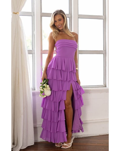 Beginning Boutique - Kim Magenta Strapless Ruffle Maxi Dress
