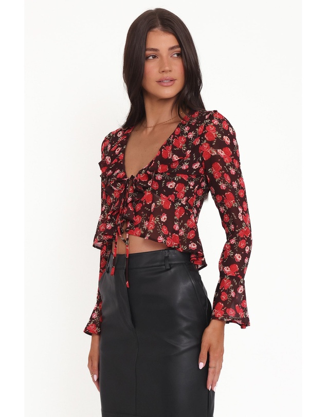 Petal & Pup - Aveline Chiffon Ruffle Front Top - Brown Floral