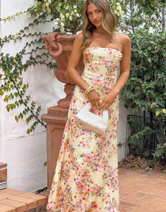Beginning Boutique - Blaise Yellow Bloom Satin Maxi Dress
