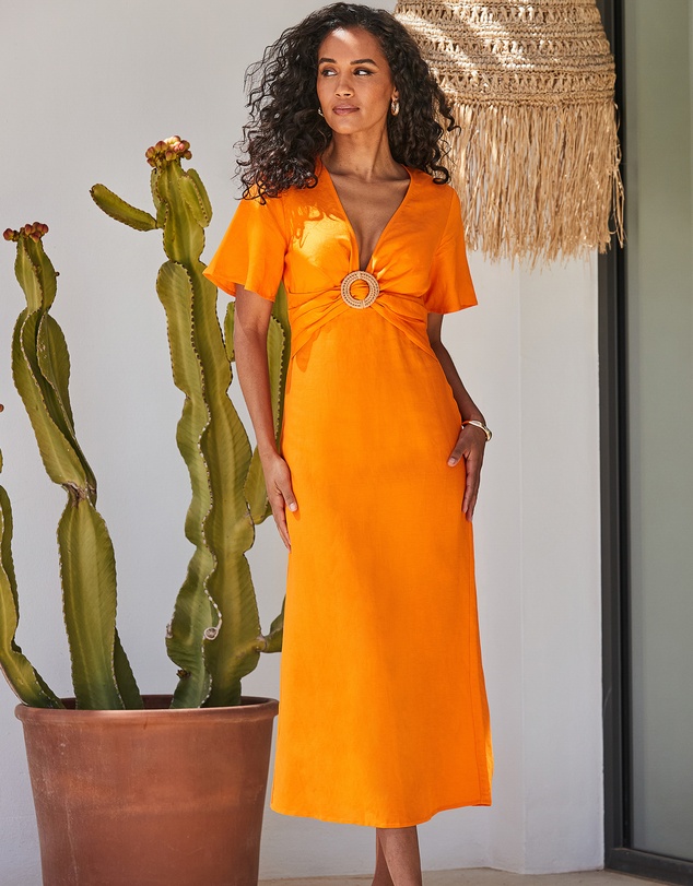 Sosandar - Plunge Linen Midi Dress