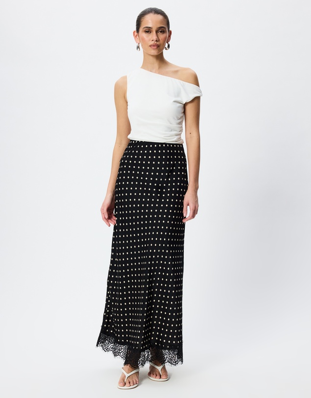 Tussah - Cara Polka Dot Satin Lace Trim Maxi Skirt