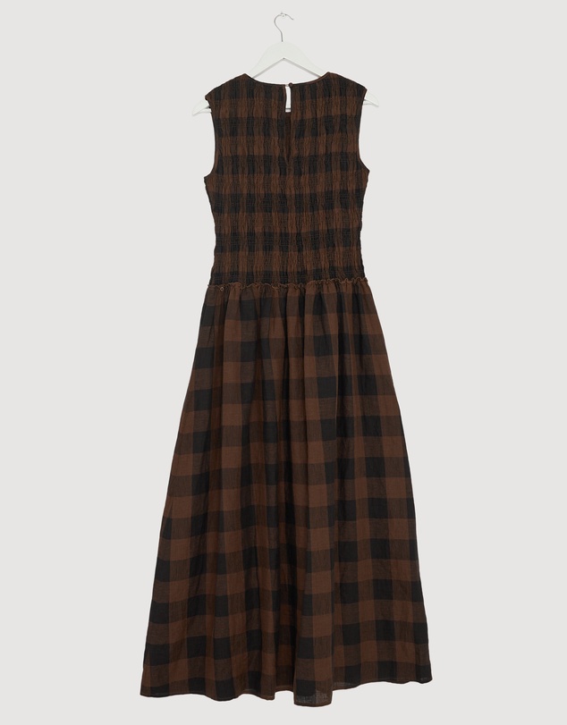 Revibe - Repaired AERE Inka Linen Gingham Shirred Maxi Dress - AU 14