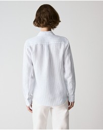 Trenery - Yarn Dyed Linen Twin Stripe Shirt in Mid Blue