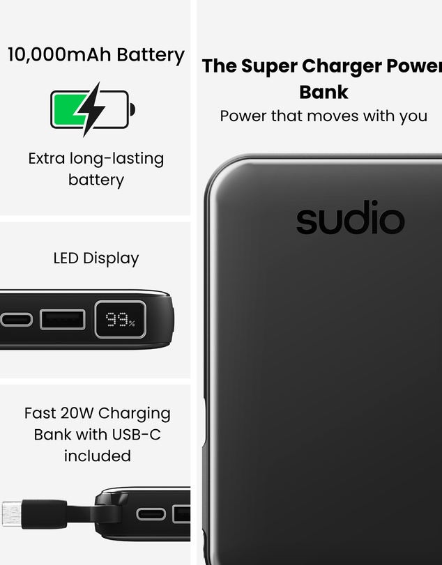Sudio - L3 - Wireless 20W Super Charge USBC/A Power Bank 10k mAh