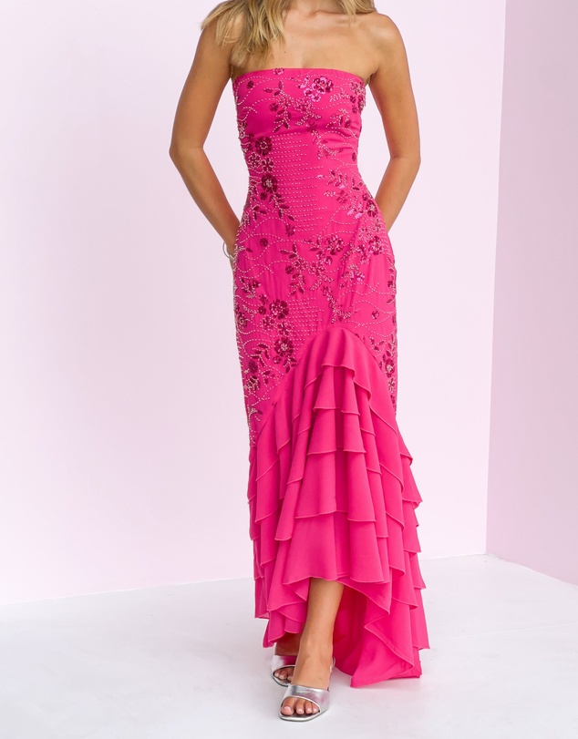 Beginning Boutique - Khai Pink Ruffle Maxi Scarf Beaded Dress