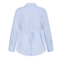 City Chic - Plus size Neck Tie Cotton Stripe Shirt - sky blue