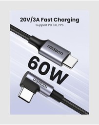 Ugreen - UGREEN 90 Degree Angle USB-C Male to USB-C Male 60W Braided Cable 3m