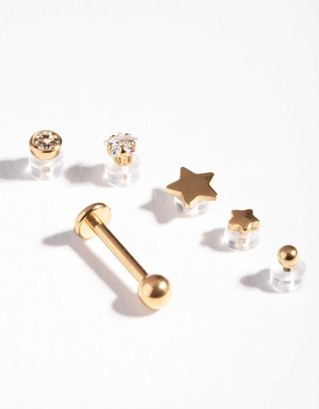 Lovisa - Gold Plated Surgical Steel Flat Back Single Bar with Interchangeable Star Ends 6-Pack