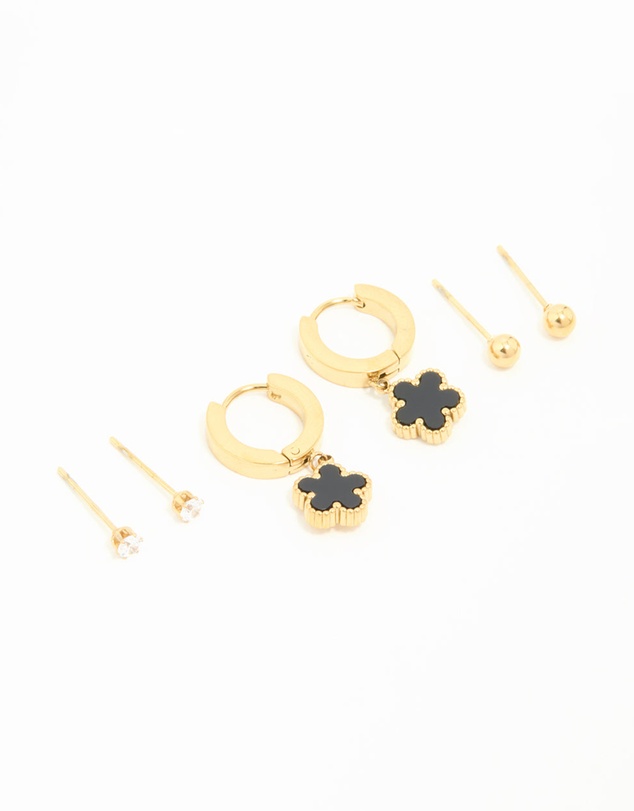 Lovisa - Waterproof Gold Plated Stainless Steel Flower & Star Earrings 3-Pack