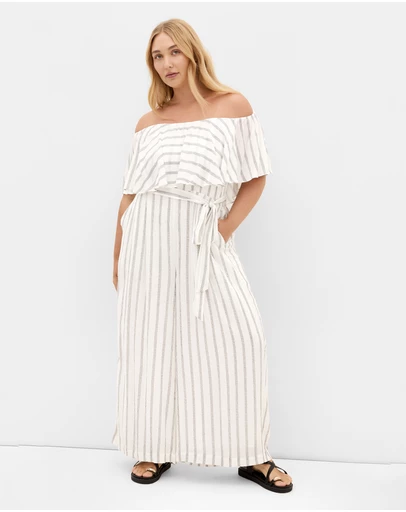 City Chic - Plus size Emery Off Shoulder Stripe Jumpsuit - ivory