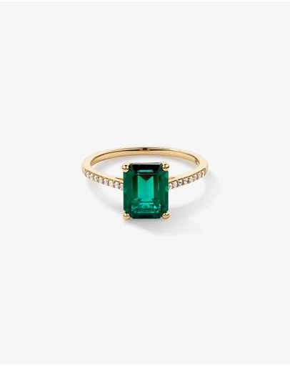 Michael Hill - Emerald Cut Green Created Emerald Gemstone and Diamond Ring in 10kt Yellow Gold