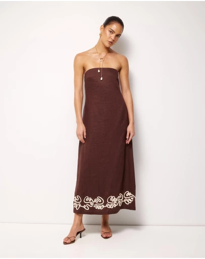 AERE - Quinn Embroidered Linen Midi Dress