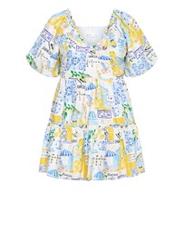 City Chic - Plus Size Fantasy Amalfi Print Puff Sleeve Mini Dress - white