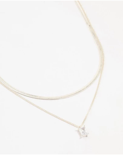 Lovisa - Silver Plated Baguette Diamante & Snake Chain Necklaces 2-Pack