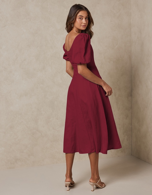 AERE - Paloma Linen Puff Sleeve Midi Dress