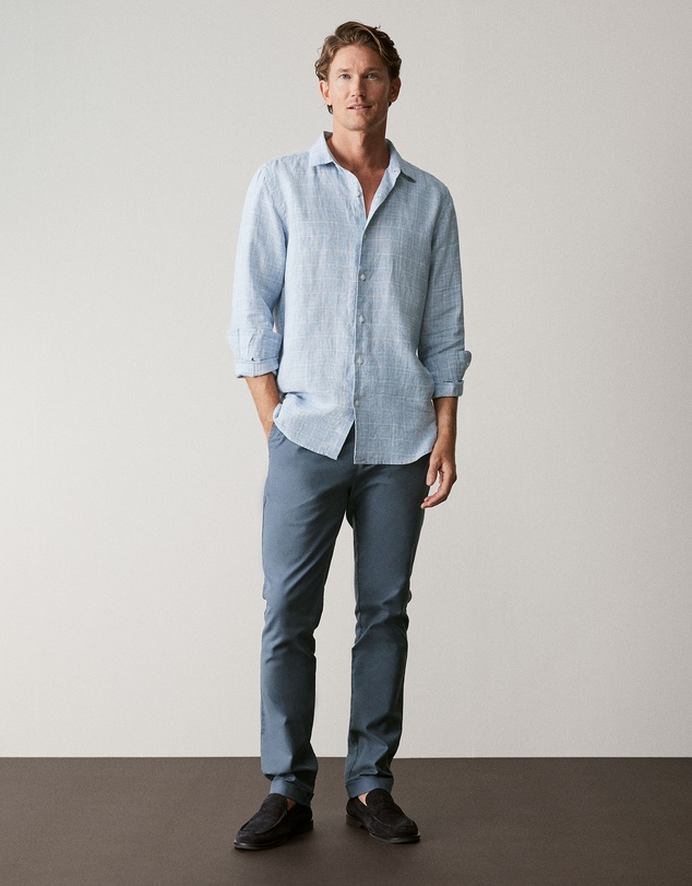 Trenery - Tailored Fit Linen Prince Of Wales Check Shirt in Faded Blue