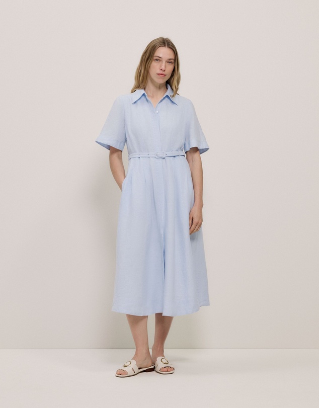 Trenery - Linen Belted Short Sleeve Shirt Dress in Ice Blue