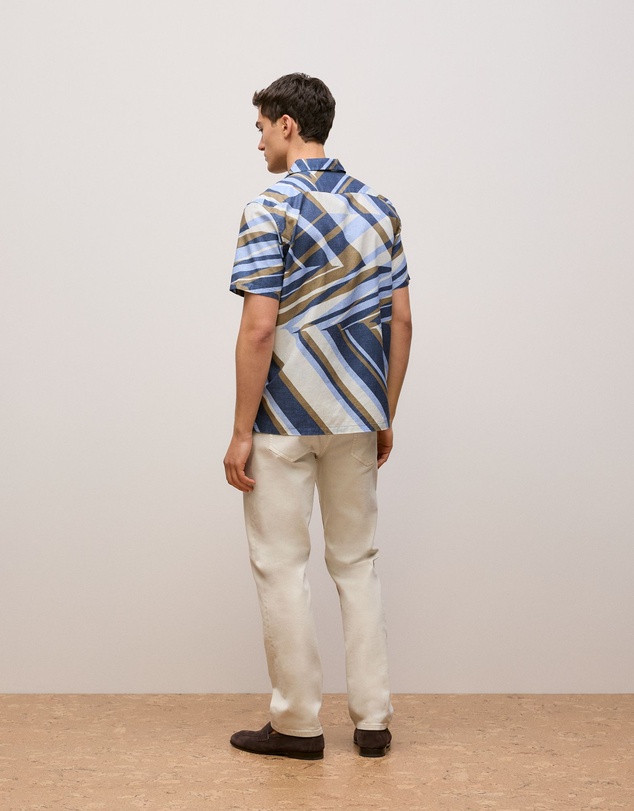 Trenery - Cotton Abstract Stripe Short Sleeve Shirt in Duck Egg Blue