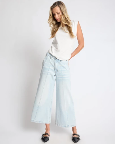 ONE TEASPOON - Hayden Mid Waist Wide Leg Cropped Denim Jeans - Bel Air Blue