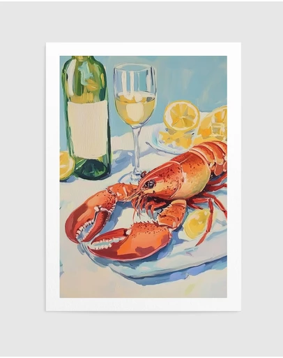 Olive et Oriel - Lobster And Wine Still Life by Melloi Art Prints Art Print