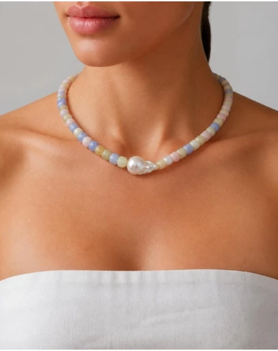 Izoa - Marguerite Baroque Pearl Gemstone Necklace Pastel