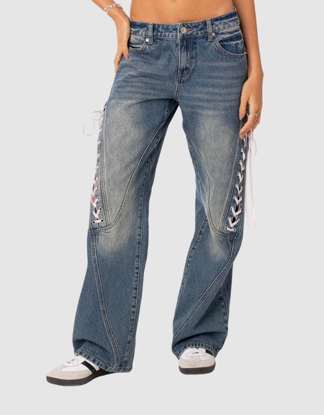 EDIKTED - Low Rise Ribbon Lace Up Jeans