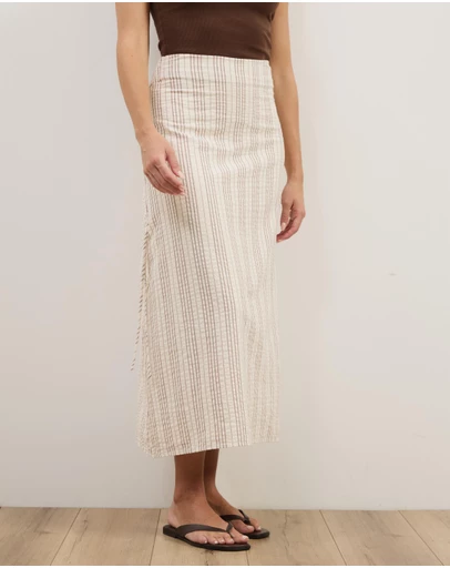 Atmos&Here - Sally Striped Cotton Ruched Side Tie Midi Skirt