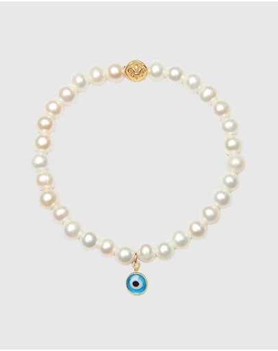 Nialaya Jewellery - Wristband with White Pearls and Blue Evil Eye Charm