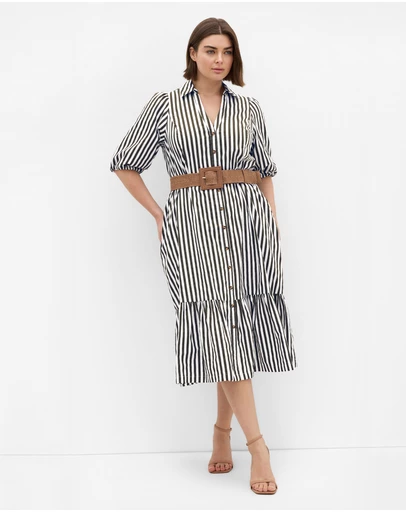 City Chic - Contempo Stripe Shirt Dress - Dark Khaki