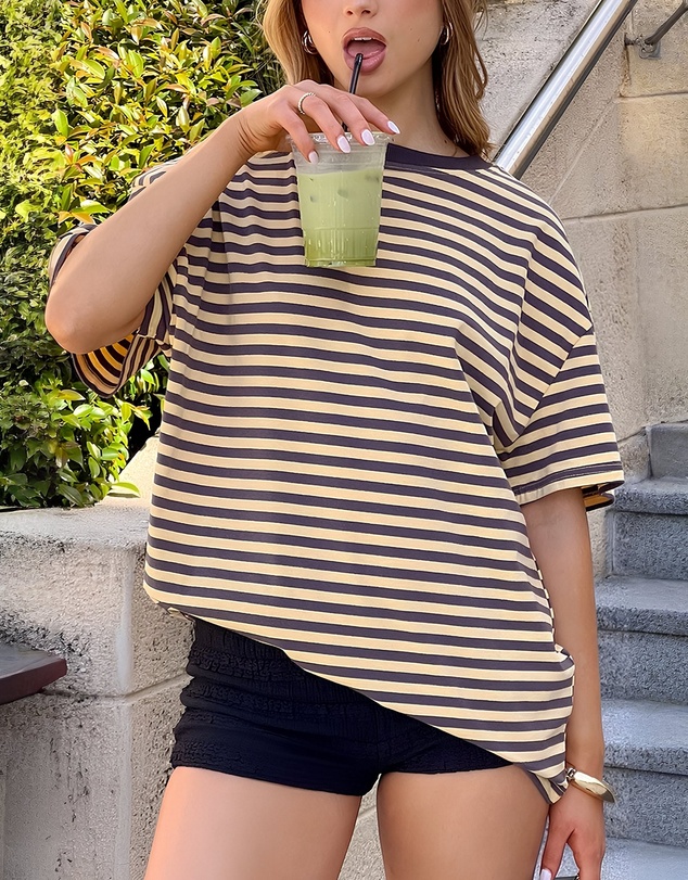 Beginning Boutique - Alba Yellow Stripe Oversized Tee